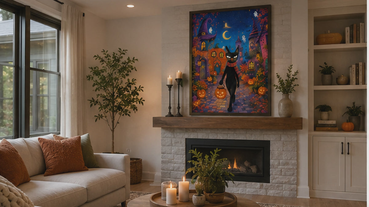 Colorful Naïve Cat Wall Art (Halloween) - Set of 4 Digital Posters